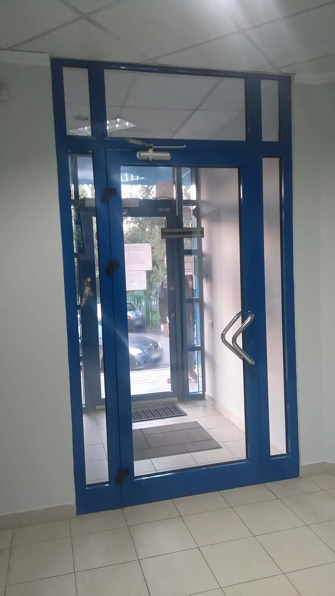 Ușă de intrare din aluminiu albastru cu geam, cu lumini laterale și supralumină, amortizor sus și mâner bară din inox, văzută din hol